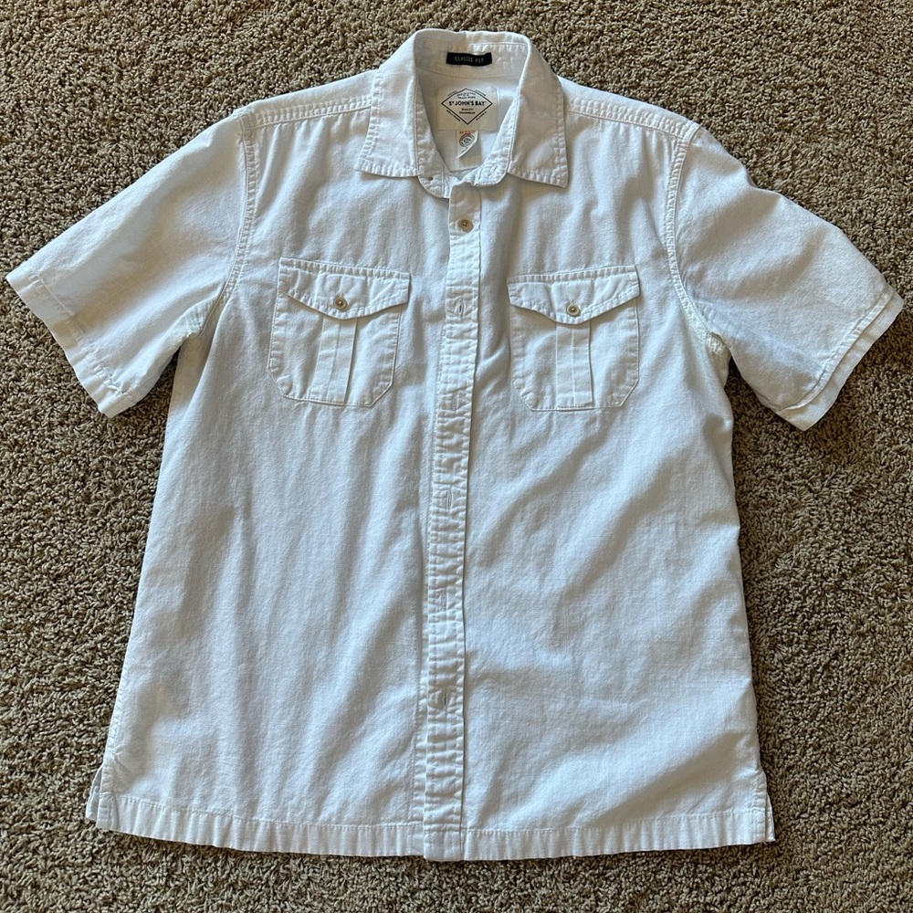 St John’s Bay Linen Men’s Classic Fit Short Sleeve Button Down, Medium, White